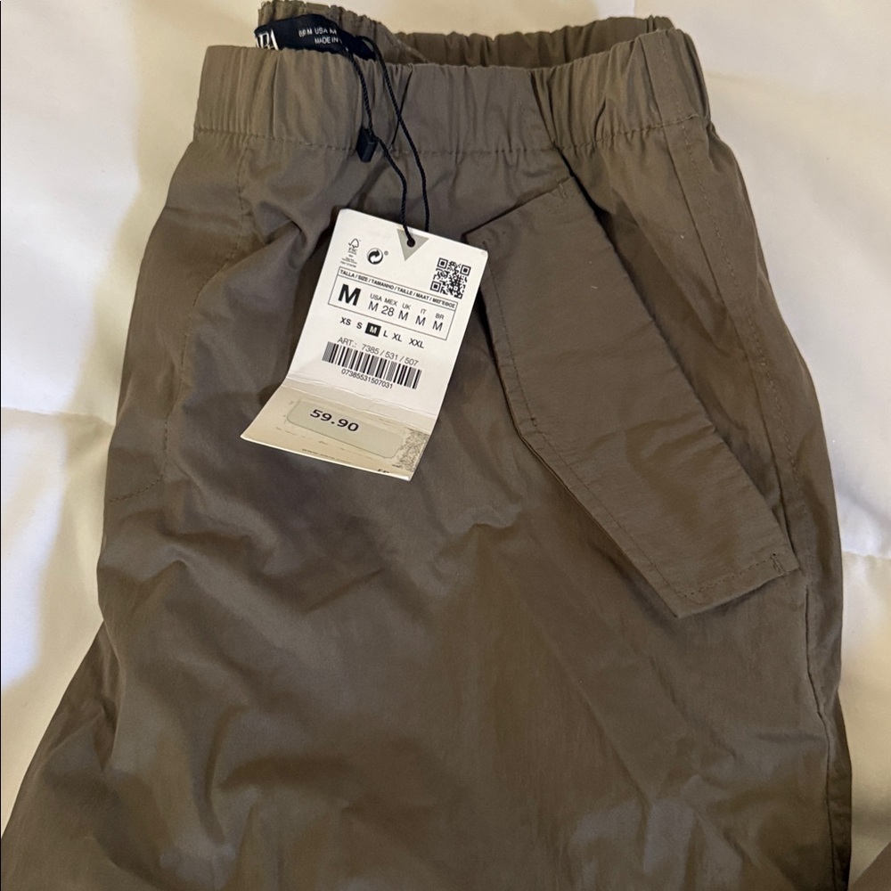 Zara Women Parachute Cargo Pants Elastic Waist Casual Pants - Olive Green - Picture 2 of 5